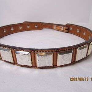 Leather Western belt with beautiful leather work and metal conchos. Size 36